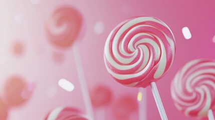 Several pink and white swirl lollipops are displayed on sticks against a vibrant pink backdrop with bokeh effects, creating a cheerful and tempting sugary treat scene
