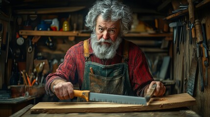 Craftsman skillfully shaping wood in a rustic workshop during afternoon light