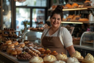 Plus size female baker proudly showcasing delicious pastries in a charming French bakery during the afternoon rush