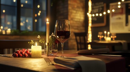 Romantic valentine's dinner with wine and candles at an elegant restaurant table