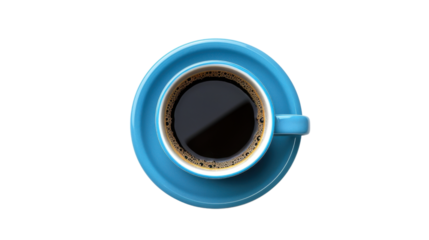 Blue coffee cup filled with dark coffee on transparent background