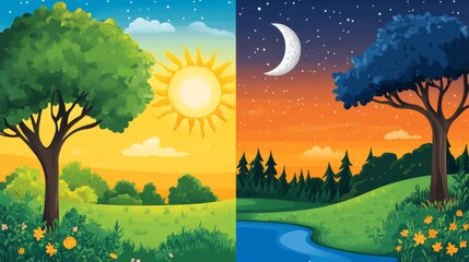 Day and Night Landscape Illustration with Trees, Sun, Moon, and Stars