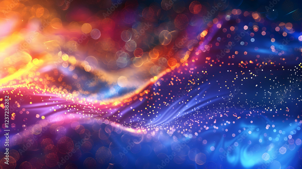 Poster vibrant abstract waves with glowing particles and bokeh effects.