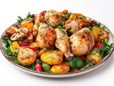 Healthy and delicious meal with grilled chicken, roasted vegetables and fresh herbs.