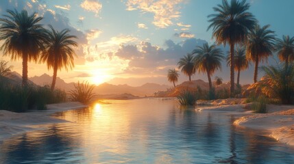 Obraz premium Serene Desert Oasis with Beautiful Palm Trees Surrounded by Sand Dunes and Clear Blue Skies