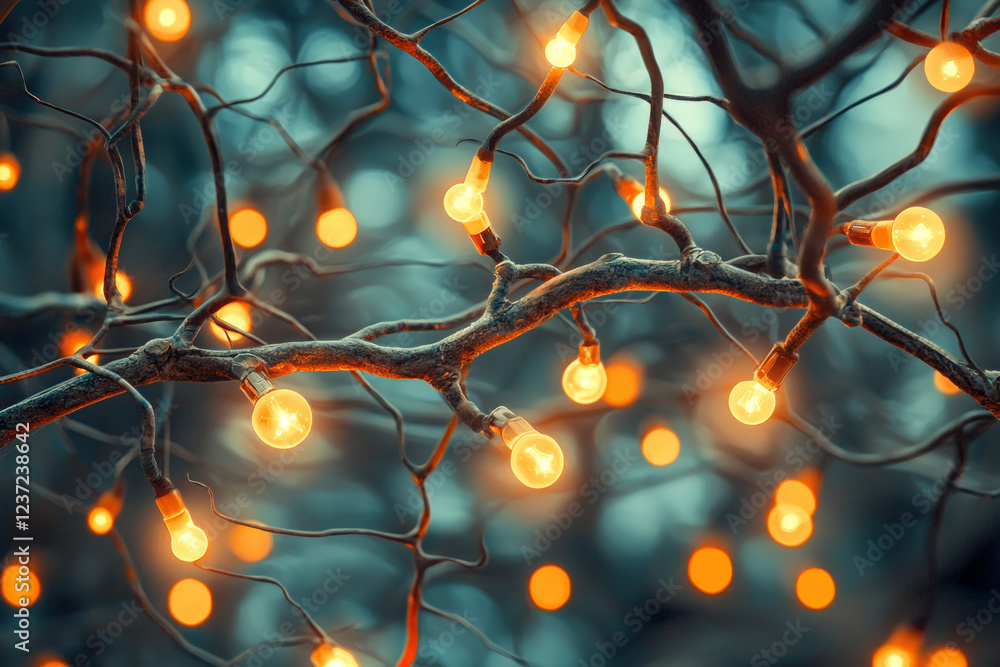 Poster close up view of glowing string lights intertwined with branches, creating warm and enchanting atmos