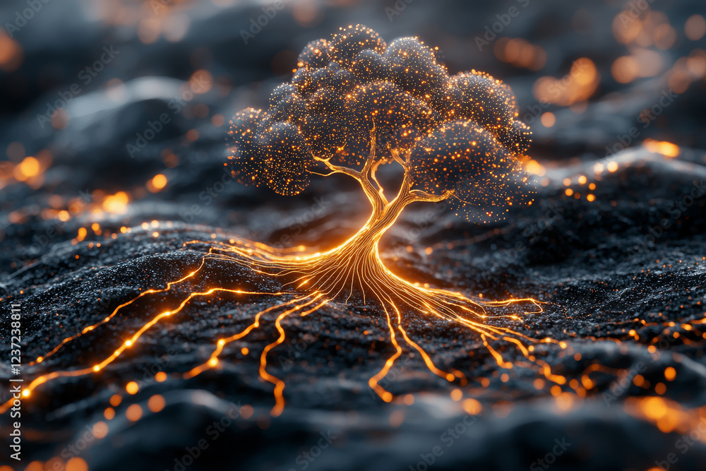 Poster surreal tree with glowing roots and branches, set against dark, textured background. scene evokes se
