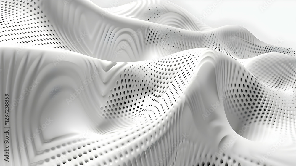 Poster abstract white landscape with smooth curves and dotted patterns.