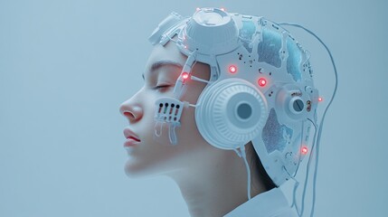 Futuristic young woman wearing high-tech neural interface helmet with led lights