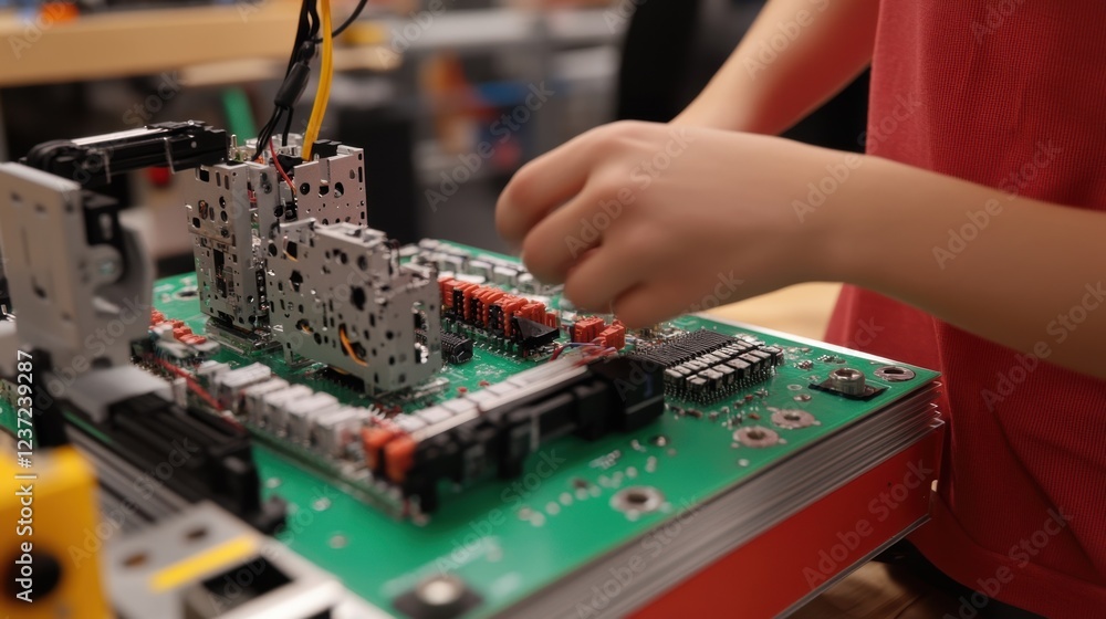 Poster student carefully connects components on a sophisticated printed circuit board, demonstrating innova