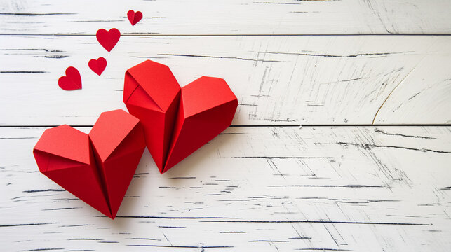 Valentines day background with two red paper hearts on white wooden background - Powered by Adobe