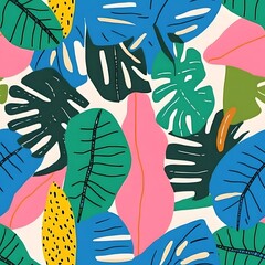 Fototapeta premium Vibrant tropical leaf pattern in bold colors creates a lively and dynamic visual backdrop for various design applications