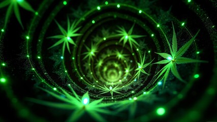 Spiral lines creating a kaleidoscope effect with glowing marijuana leaves. A hypnotic digital artwork symbolizing nature’s endless beauty.