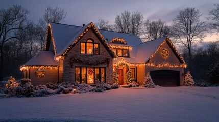 Snowy evening with christmas lights adorning cozy house in winter wonderland