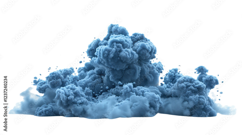 Poster realistic blue smoke exploding creating a dense cloud on transparent background