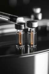 Two syringes with vaccine ready for injection against a blurred background of medical equipment. A symbol of the importance of healthcare and disease prevention.