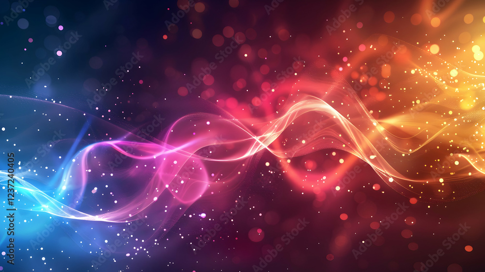 Poster abstract colorful waves with light particles creating a vibrant, dynamic background.