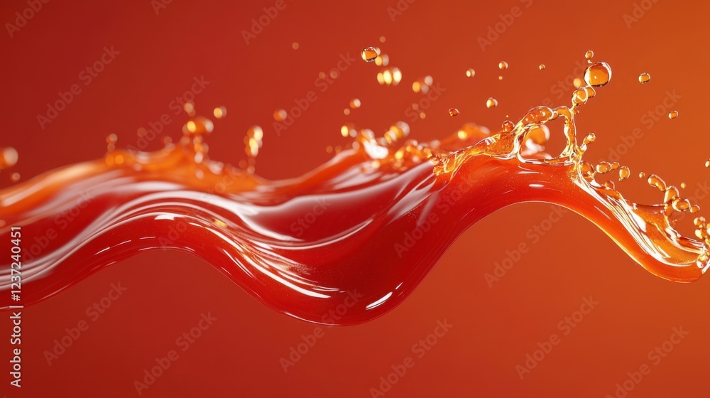Poster dynamic red liquid splashing against orange background with waves and droplets