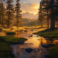 Obraz premium A picturesque valley bathed in golden evening light, a crystal-clear stream reflecting the warm hues of the sunset, tall pine trees framing the view
