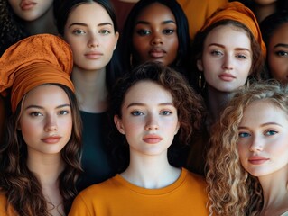 Obraz premium Friendly diverse group of women with natural hair and colorful outfits, smiling together. A celebration of unity and friendship. Ideal for social media, empowerment campaigns, or youth events.
