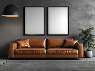 Brown leather sofa with pillows in modern interior. Two framed posters on the wall above sofa. Potted plant near the sofa