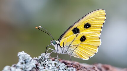 Fototapeta premium Yellow butterfly on lichen-covered branch, blurred background, nature photography