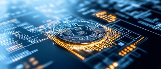 Digital representation of bitcoin on circuitry background showcasing cryptocurrency technology in a futuristic setting