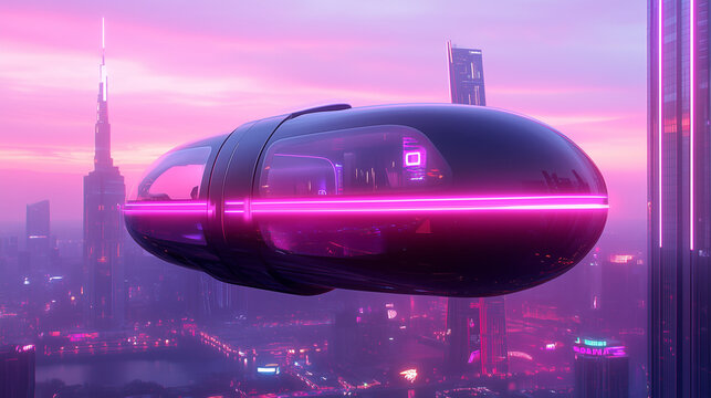 Futuristic pod glides through a vibrant city skyline at dusk showcasing advanced technology and neon lights