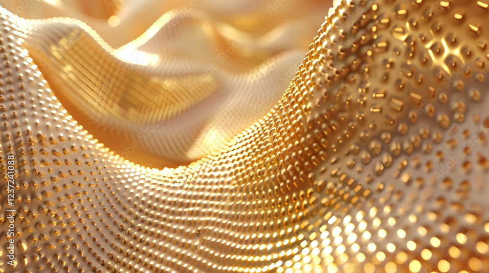 Poster a close-up of a textured, shimmering surface with golden tones and intricate patterns.