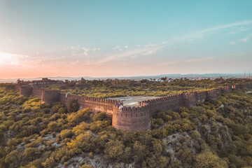 aerial view of Rohtas fort walls Pakistan ruins of vintage medieval castle walls