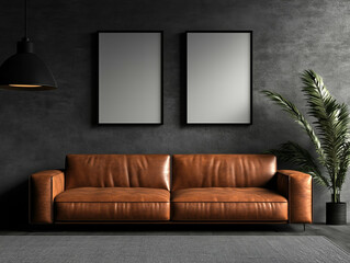 Leather sofa with two framed posters on the wall and a plant in a pot. Modern leather sofa in a living room with dark wall and gray carpet