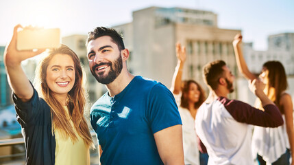 Selfie, city and people photography on weekend, bonding together and online for social media update. Love, friends and travel to urban town for adventure, outdoor vacation and capture memory of trip