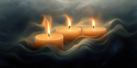 Fototapeta premium Three candles burning in smoky darkness, remembrance, peace.
