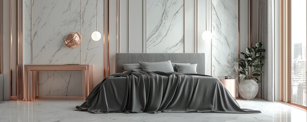 A contemporary bedroom design with a king-size bed draped in charcoal gray linen, surrounded by rose gold furniture