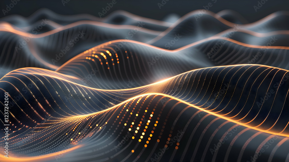 Aufkleber abstract waves with glowing lines and dots, representing data or digital concepts.