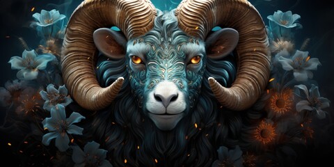 Majestic ram portrait, floral background, fantasy art, mythical creature.