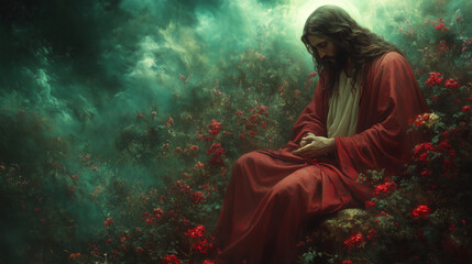 Figure in red robe sitting among vibrant flowers in a serene landscape highlights a moment of reflection and peace background, wallpaper, Jesus God praying on the hill, spirituality