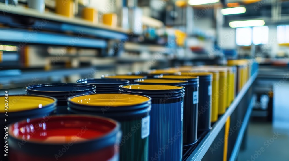 Poster buckets of colorful inks are neatly arranged on a production line, ready for the printing process, s