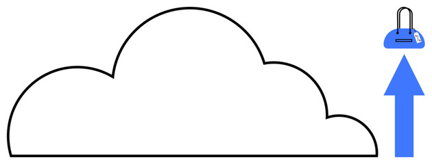 Cloud outline with an upwards blue arrow pointing to a padlock, symbolizing secure data upload. Ideal for cloud computing, data security, online storage, data protection, digital safety