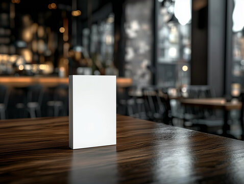 Blank menu on wooden table in restaurant bar. Menu design template on table in blurred restaurant interior