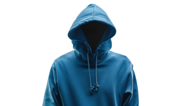 Anonymous person wearing blue hoodie with transparent background