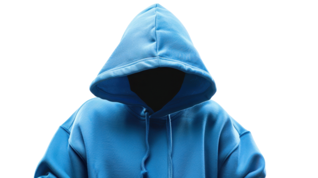 Anonymous person wearing blue hoodie with covered face on transparent background