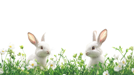Two white rabbits hiding in grass with flowers and transparent background