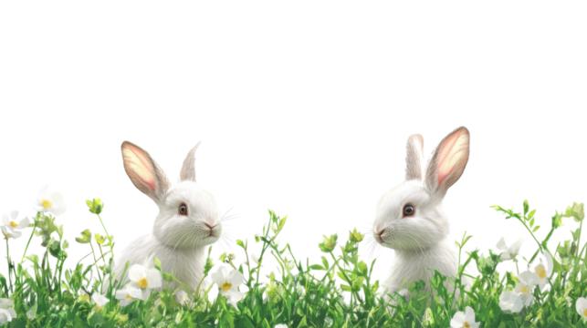 Two white rabbits hiding in grass with flowers and transparent background