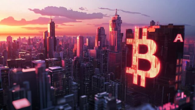 A vibrant cityscape at night, illuminated by a glowing Bitcoin symbol among towering highrise buildings