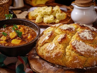 Tea-time spread with homemade bread, soup and a meat pie on a wooden table. Served with traditional English tea settings.