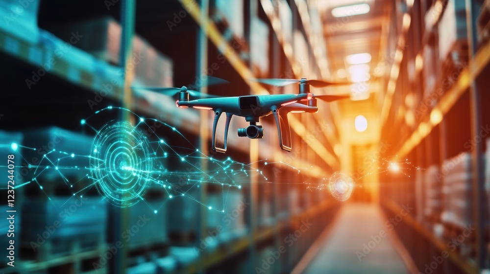 Poster modern drone navigating a warehouse aisle, utilizing cutting edge technology and innovative solution