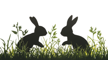 Two easter bunny silhouettes jumping in the grass with transparent background