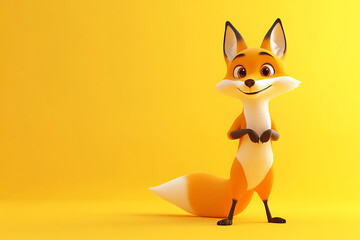 Obraz premium fox on a yellow background, fox on a blank yellow background, a fox, fox, cute fox, yellow background, copy space for add text, 3d rendering, 3d, vector, AI generative
