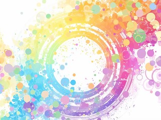  colorful dots arranged in an arch on a white background. Pastel colors of green, pink, purple, yellow, blue, orange, and light gray, creating circular patterns in white space.